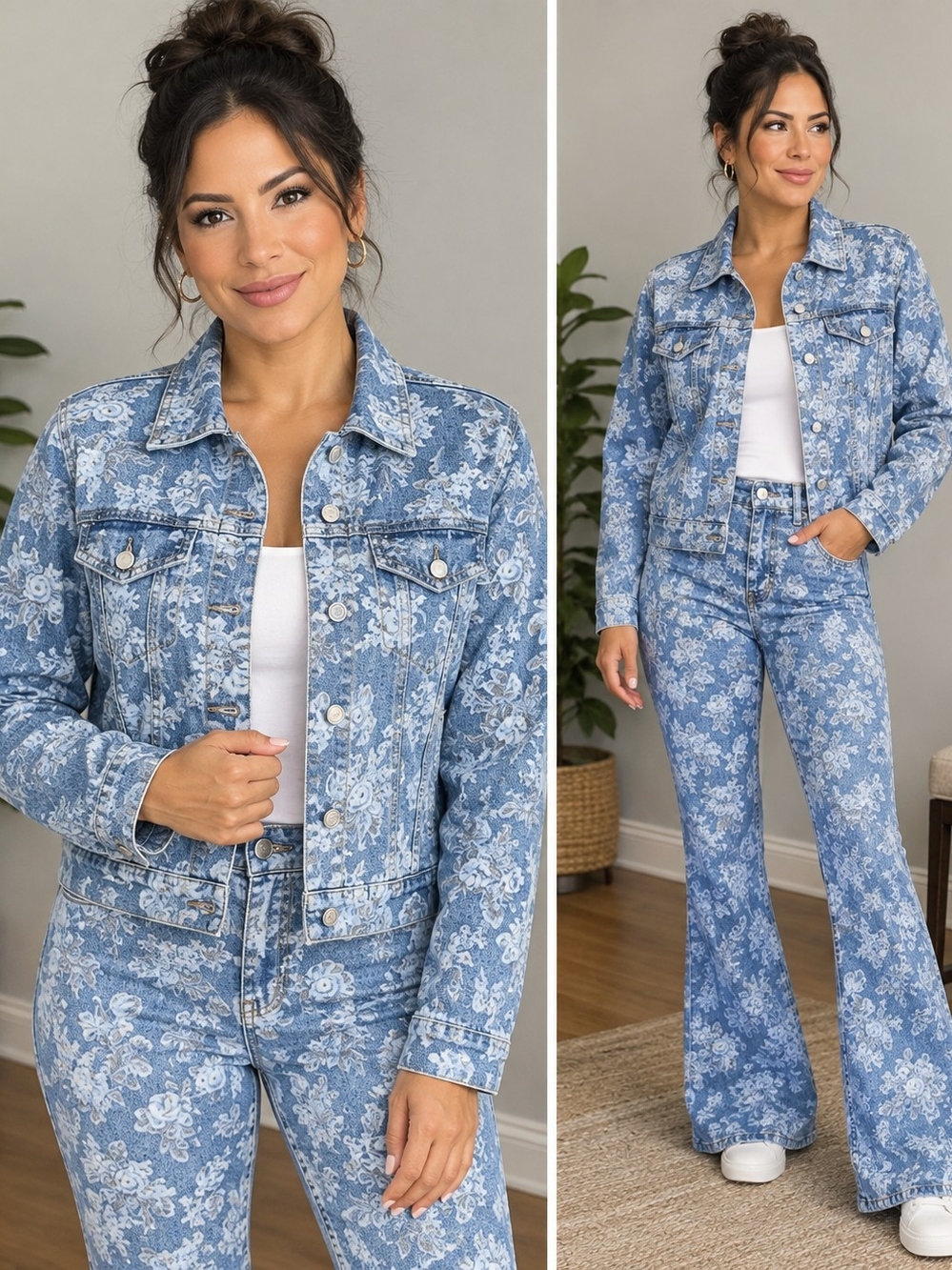 GAP Blue Floral Print Denim Jacket & Flare Jeans